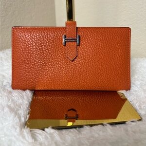 Hermes Orange Leather Wallet with H-Style Clasp